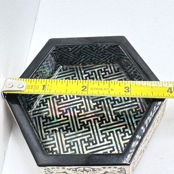 Hexagonal Black & Abalone Inlay Trinket Bowl Intricate Design 4" - Picture 2 of 6